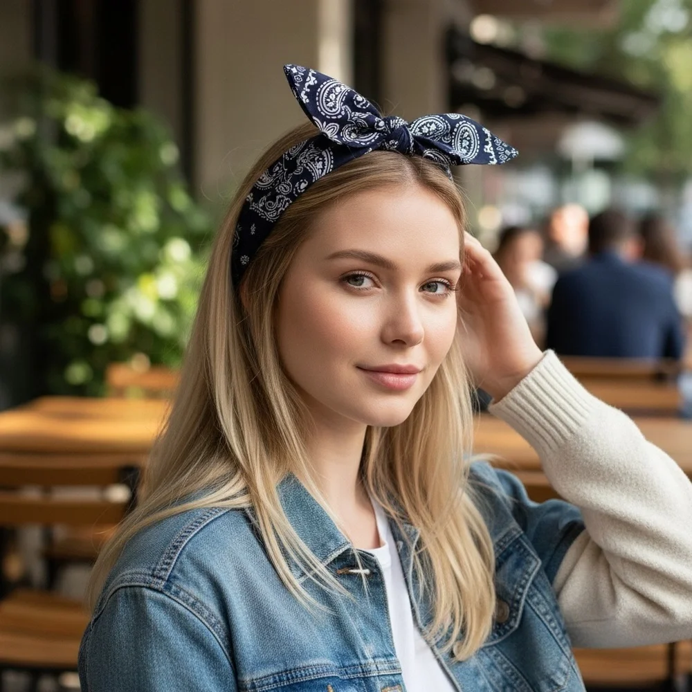Paisley Print Bandana Bow Headbands (Pick 1) Red White Blue Black Boho Whimsical
